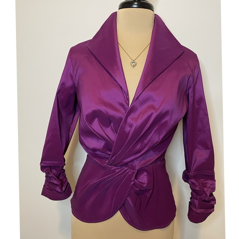 NEW Tadashi Collection Blouse Women 6 Purple Ruched Sleeve Peplum Elegant Preppy
